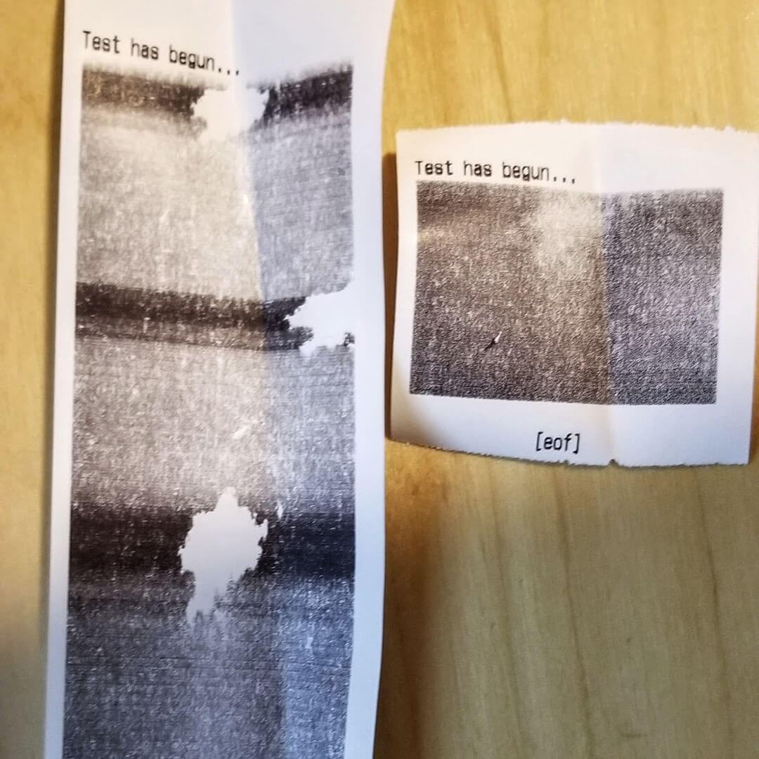 Two strips of receipt paper printed with blurry images